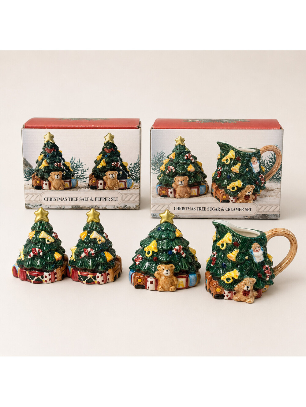 Vintage 1995 Home Trends Christmas Tree Salt Pepper Sugar Creamer Set Boxed